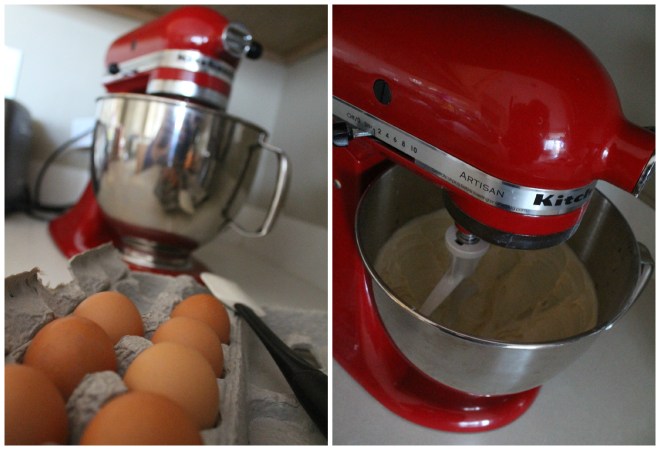 Using the Kitchenaid to combine the wet and dry ingredients.