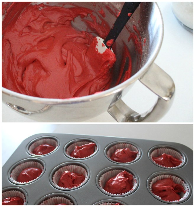 After adding the red food coloring, I filled the cupcake liners.