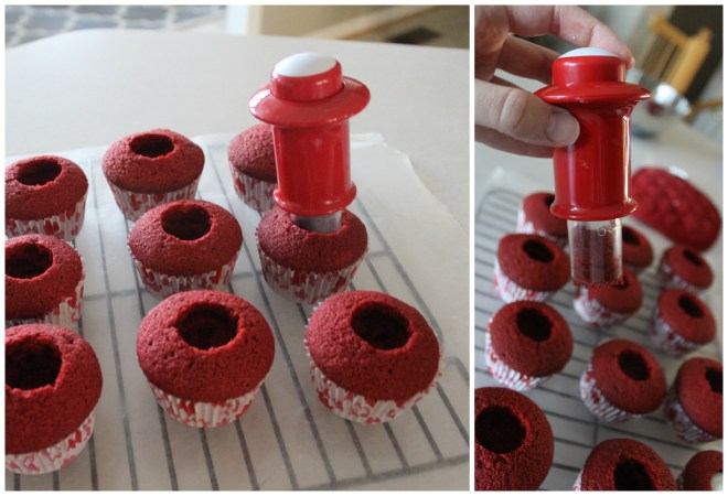 Using a cupcake corer to remove the centers of the cupcakes.